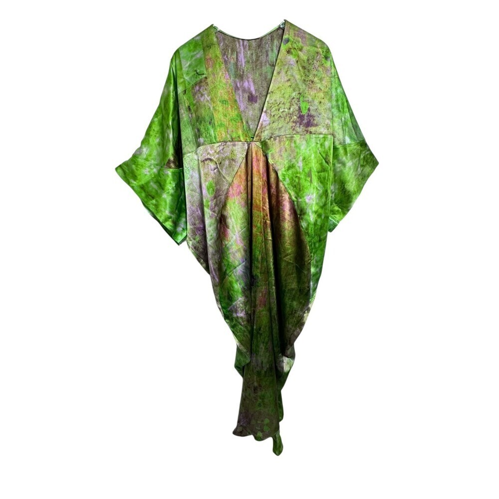 Carmen Molina 100% Silk V-Neck Caftan Maxi Dress Green Purple Abstract Size S/M - Picture 2 of 8